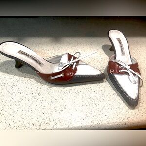 Manolo Blahnik Red White Blue Lace-Up Kitten Heel Slides Mules 37 7